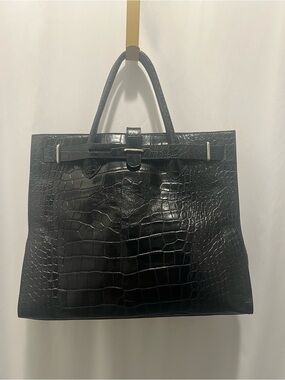 Vintage Furla Black Croc-Embossed Leather Tote